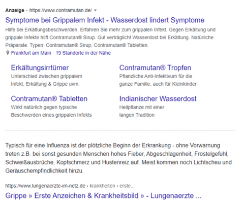 Screenshot einer Suchmaschinen-Ergebnisseite mit Fokus auf Symptome und Behandlung von Grippe, inklusive Anzeigen und organischen Suchergebnissen.