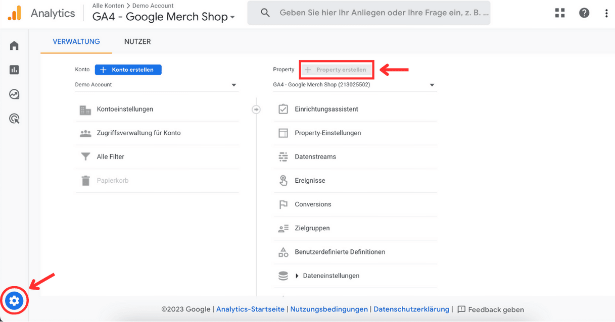 Anleitung zum Erstellen einer GA4-Property in Google Analytics für einen Webshop, hervorgehoben durch rote Pfeile