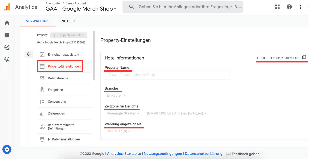 Einstellungsmenü von Google Analytics 4 für den Merch Shop mit Fokus auf Property-Einstellungen.