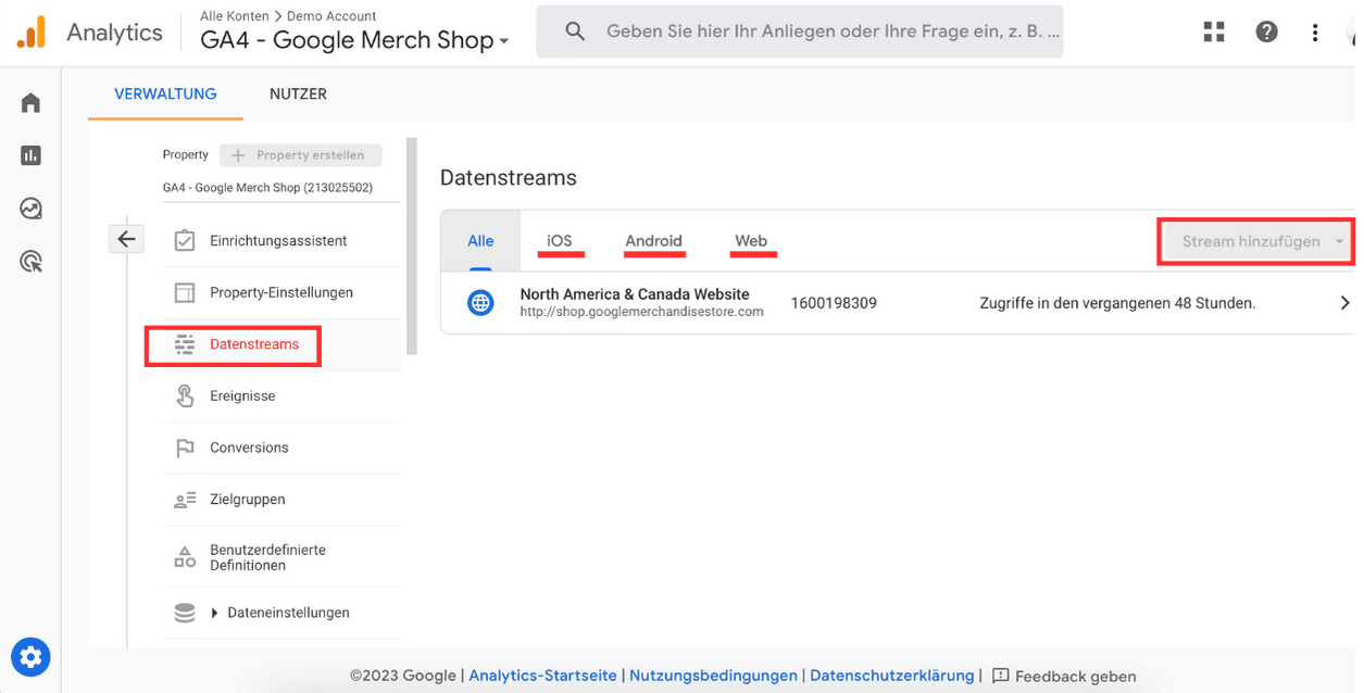 Screenshot der Google Analytics 4-Oberfläche mit hervorgehobenem Menüpunkt 'Datenstreams' im Bereich 'Eigenschaftseinstellungen'