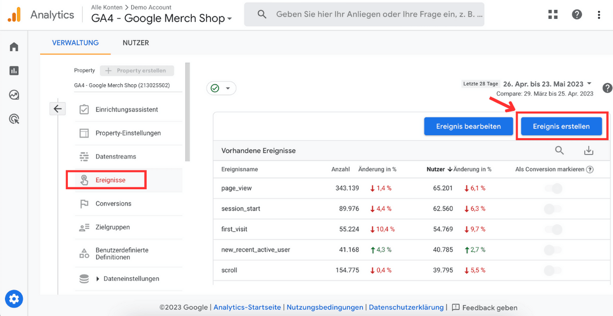  Screenshot der Google Analytics 4-Oberfläche mit hervorgehobenen Ereignissen und Optionen zur Bearbeitung und Erstellung von Zielvorhaben. 