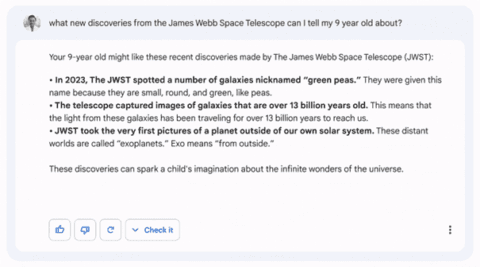 Screenshot einer Suchmaschinenantwort mit Informationen über Entdeckungen des James Webb Space Teleskops, dargestellt auf einem digitalen Interface.