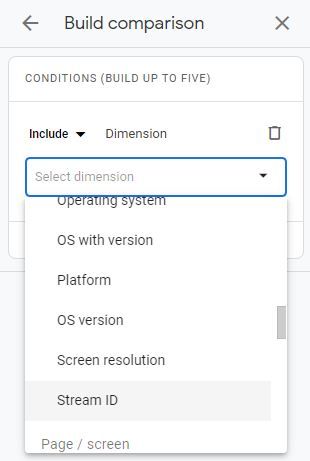 Screenshot der Auswahl eines Dimensionsfilters im Analytics-Dashboard zur Leistungsvergleichsanalyse