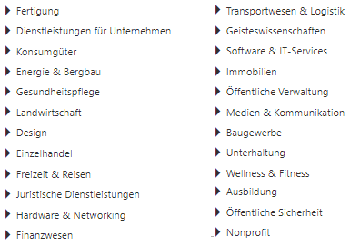 Eine Übersicht über die Branchenkategorien.