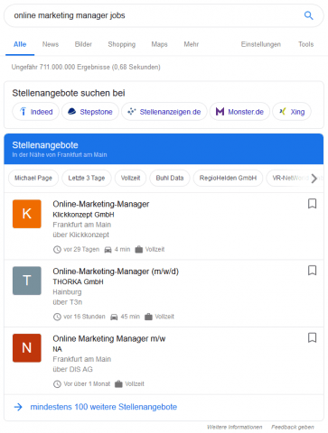 Ausspielung der Stellenangebote in den SERPs über Google Jobs