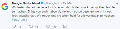 Ankündigung des Starts von Google for Jobs auf Twitter