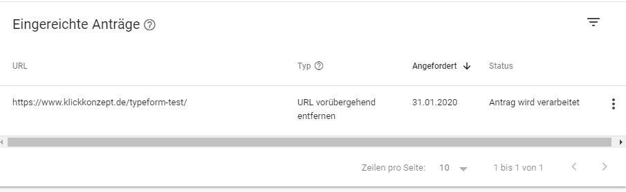 Für die Entfernung eingereichte URLs in der Search Console sehen.