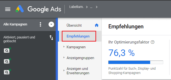 Den Optimierungsfaktor findet man im Menü unter Empfehlungen