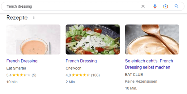 Ein Beispiel für Rich Cards mit strukturierten Daten für french dressing Rezepte