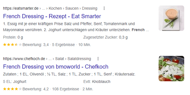 Ein Beispiel für Rich Snippets mit strukturierten Daten für french dressing Rezepte